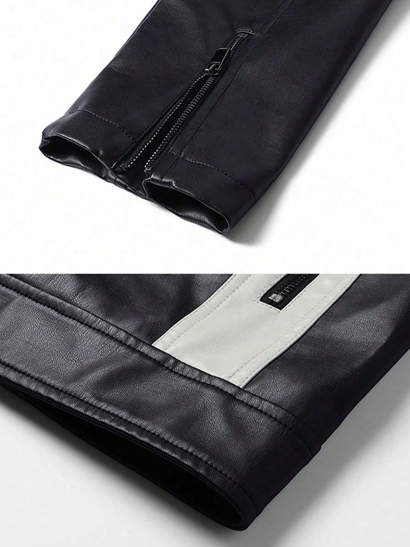 Men's Colorblock Stand Collar PU Leather Jacket, Fashion Biker Motorcycle Jacket, Spring/Autumn