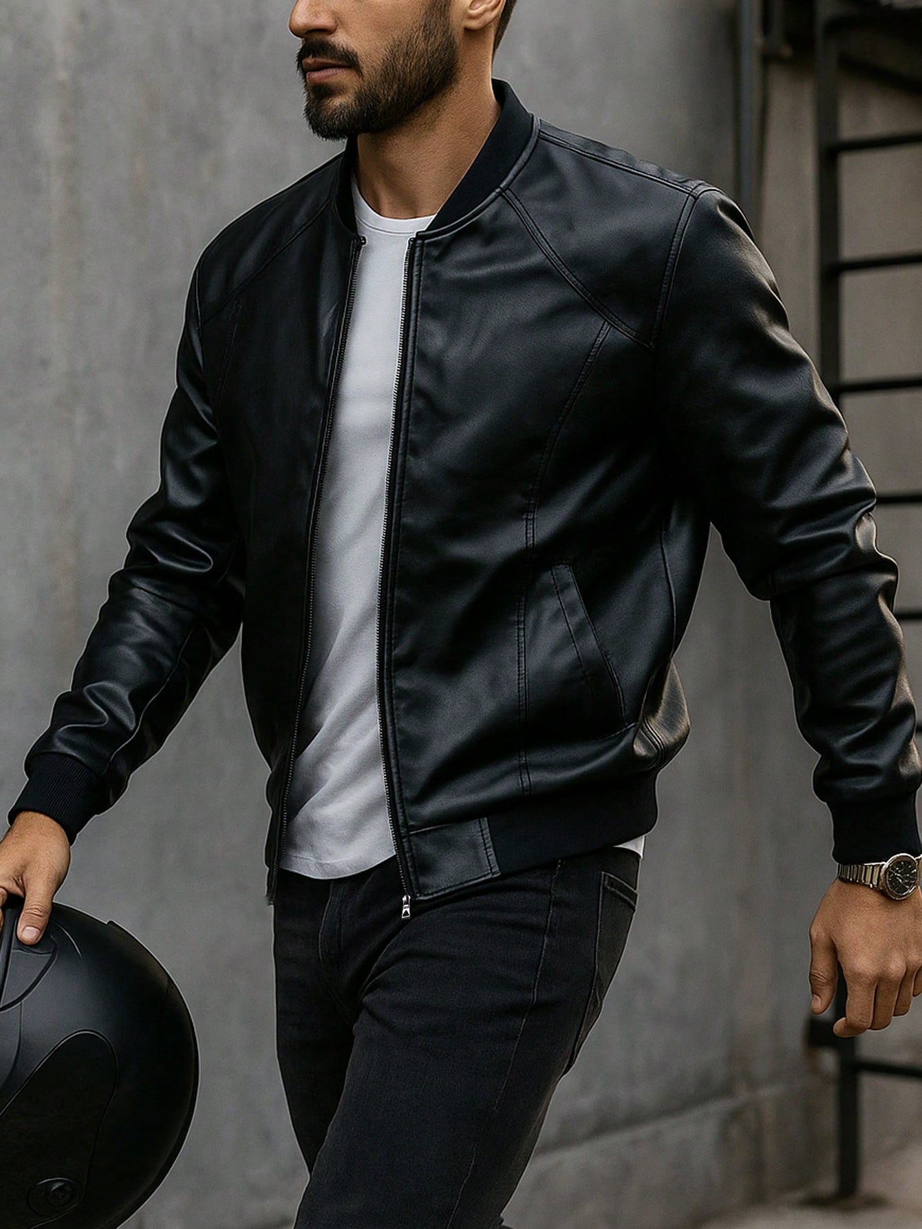 1pc Men's Black Fitted Leather Jacket,Motorcycle Style,Fashionable Urban Men Leather Jacket, Gifts For Husband,Boyfriend,Autumn/Winter
