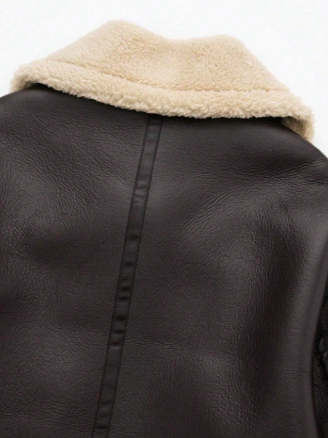 Camellia Winter New Short Warm Double-Sided Motorcycle Jacket, Women's Brown Faux Leather Shearling Collar Coat