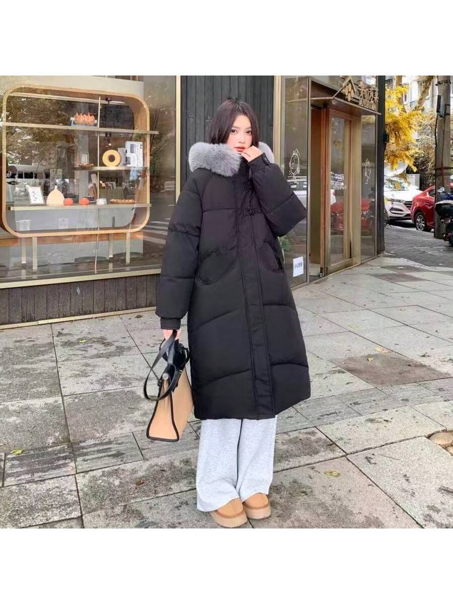 Women's Black Hooded Mid-Length Down Jacket, Regular Long Sleeve With Pockets, Woven Fabric Winter Warm Coat