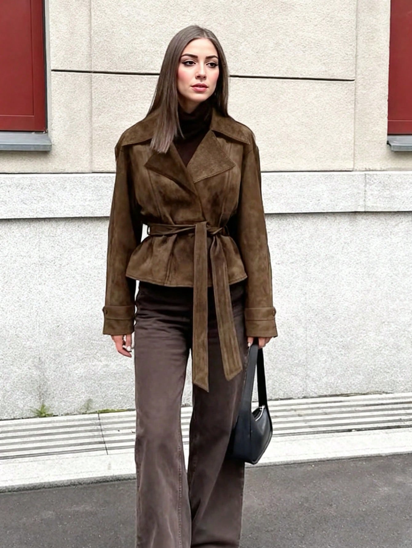 Women's Autumn/Winter French Suede Fleece Lapel Casual Double-Breasted Jacket With Tie-Waist, Fashion New Matte Fleece Slim Fit Elegant Retro Coat, Going Out Tops For Women