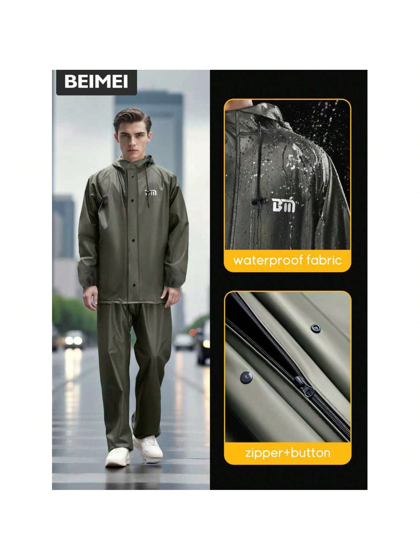 Men's Rainsuit, Detachable Heavy-Duty Adult Motorcycle Rain Jacket And Pants Set, Black, Suitable For Cycling, Outdoor Work, Hiking