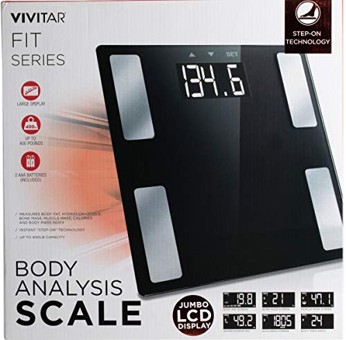 Vivitar PS-V163-B Body Analysis Digital Bathroom Scale With An Easy To Read LCD Display Wireless Weight Smart Body Fat Scale Sleek Tempered Glass Platform, Large Display, 400 Pounds, Black (Pack of 3)