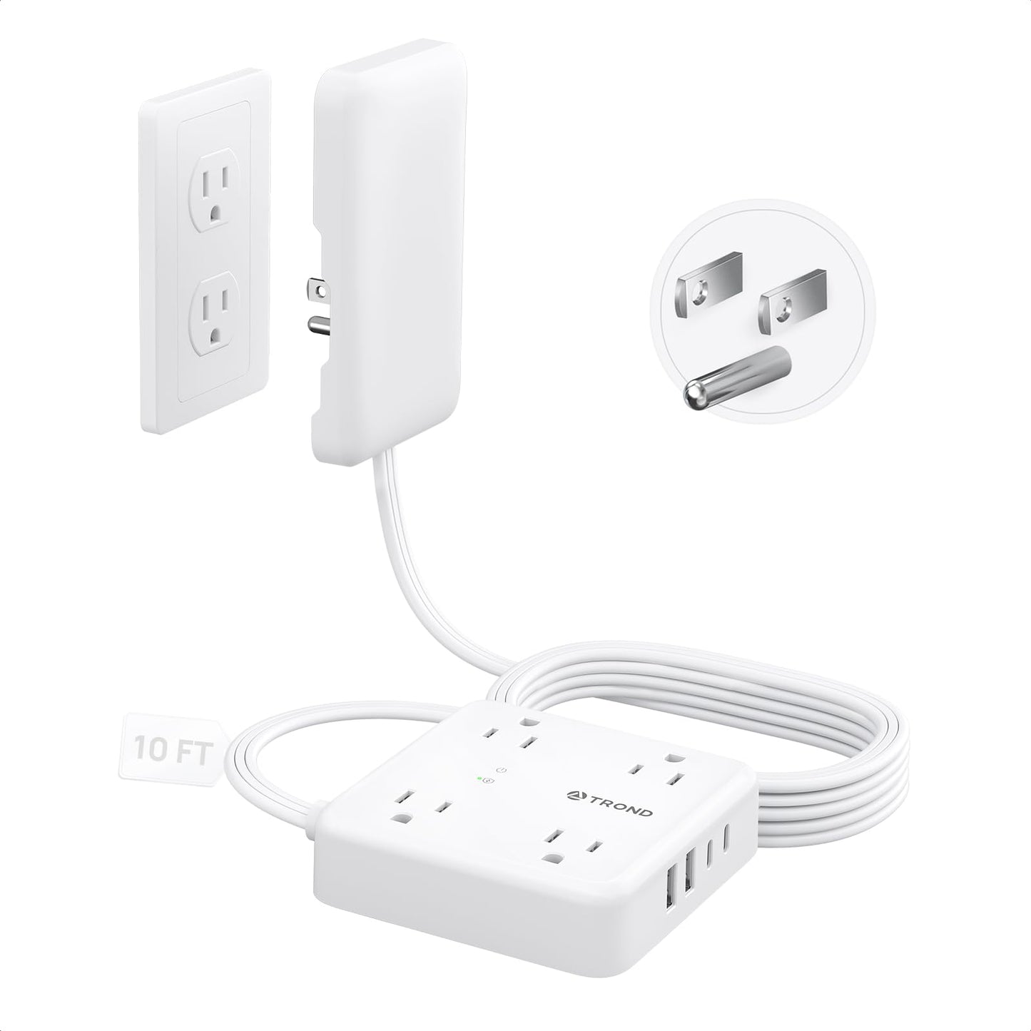 TROND Flat Plug Power Strip with Outlet Cover - 10ft Extension Cord with Multiple Outlets and 4 USB Ports, Mountable Surge Protector Outlet Concealer, Kitchen Home Improvement for Hide Messy, White