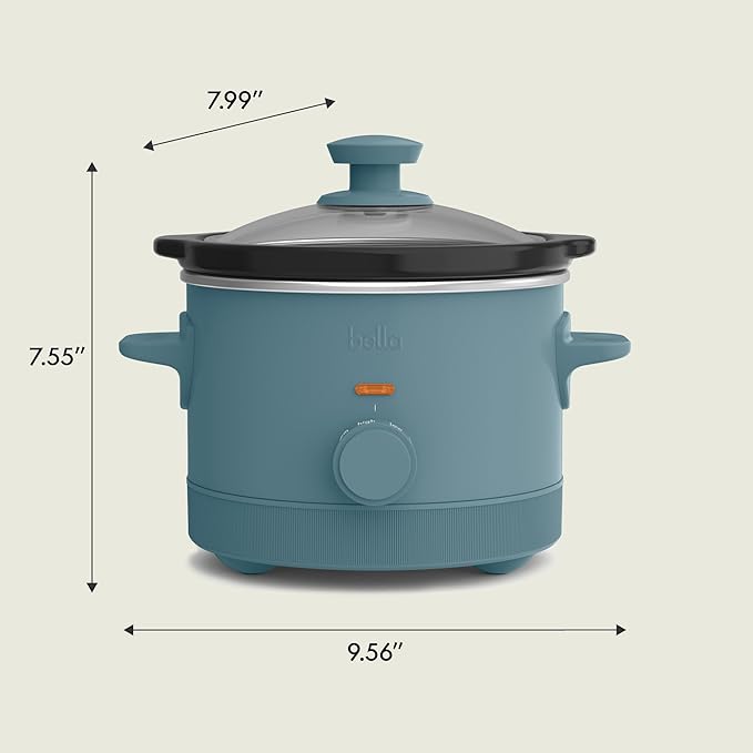bella 1.5 Qt Slow Cooker with 3 Heat Manual Control, Ceramic Nonstick Coating, Dishwasher Safe Stoneware Pot and Tempered Glass Lid, Tangle Free Cord Wrap & Cool Touch Handles, Surf