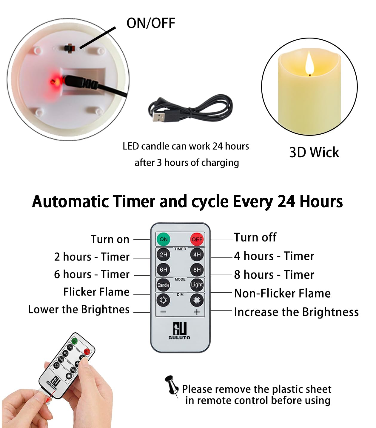 Guluto Flickering Flameless Candles with Rechargeable Battery, Electronic Candles with Remote and Timer, led Pillar Candles Real Wax Wick, led Candles for Home, Wedding, Halloween, Christmas 3" x 4"