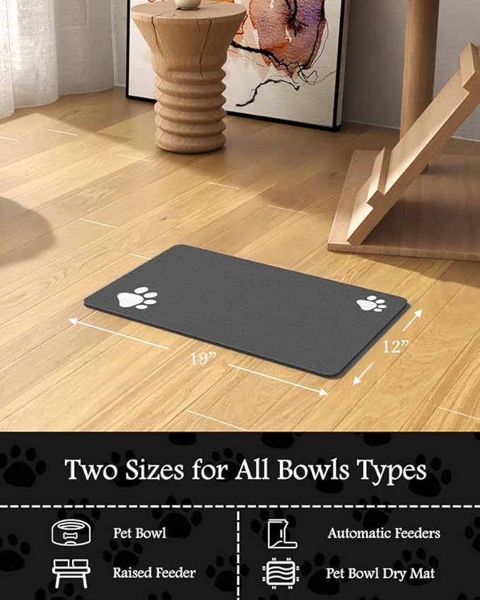 Pet Feeding Mat-Absorbent Dog Mat for Food and Water Bowl-No Stains Quick Dry Dispenser Mat-Dog Accessories Pet Supplies-Water Bowl for Messy Drinkers(Darkgrey,12"x19"