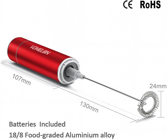 Milk Frother Handheld, Battery Operated Coffee Foamer Drink Mixer with 2 Stainless Steel Electric Whisks for Coffee, Latte, Cappuccino, Hot Chocolate, Protein, Batteries Included, Ruby Red