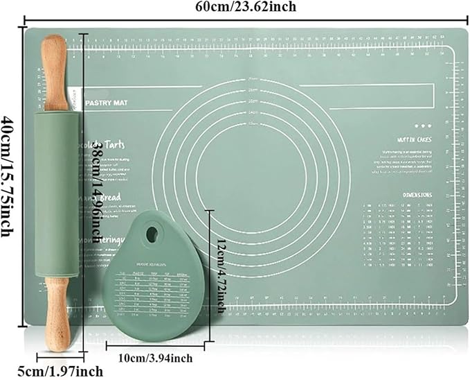 Silicone Measuring Kneading Pad Set Household Rolling Pin Dough Large Thick Non-slip Non-stick Bottom Baking Tool(Scraper green)
