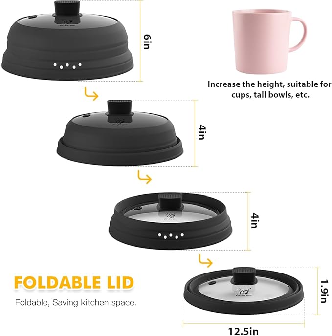 Tall Microwave Splatter Cover Glass Cover Guard Lid 6 inch Height with Collapsible Silicone for Food Pot Plate 12.5 inch Black