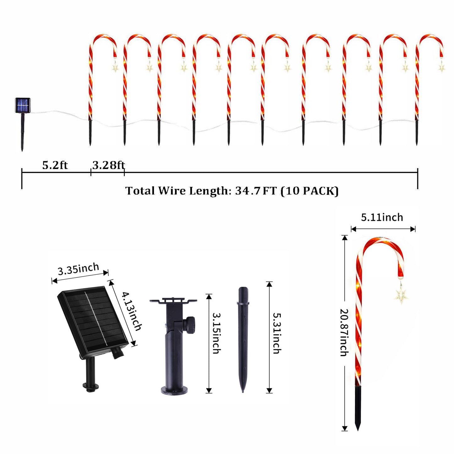 Outdoor Christmas Decorations, 10 Pcs Christmas Candy Cane Lights with Hanging Star, 21'' Solar Pathway Lights with 8 Modes, Waterproof Garden Lights for Outdoor Xmas Patio Yard Walkway Decorations