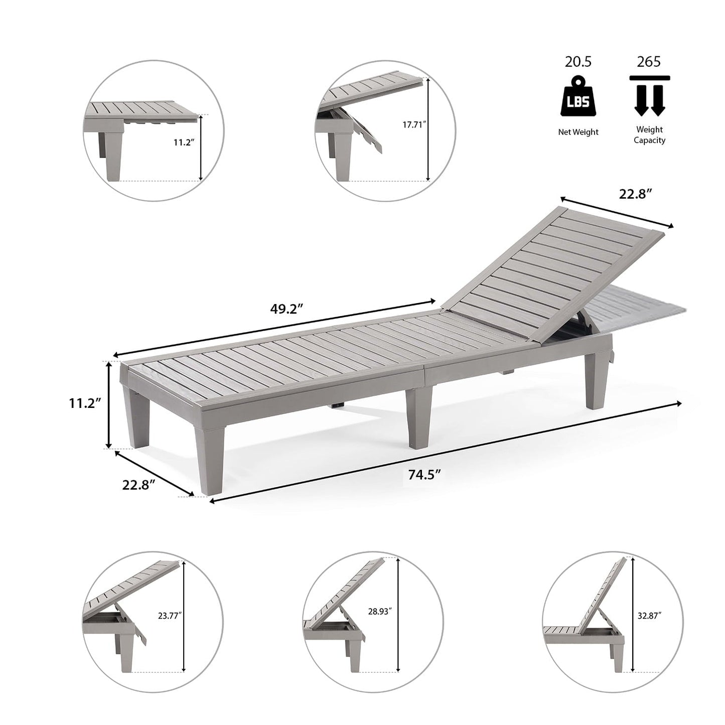 LammaLoe Set of 2 Chaise Outdoor Lounge Chairs for Pool Chairs or Patio Furniture, Gray