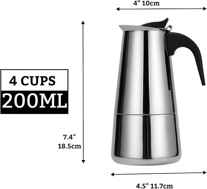 Stainless Steel Moka Pot Espresso Maker,Stovetop Moka Pot,Percolator Coffee Pot,Italian Coffee Maker,Cuban Café Brewing,Greca Coffee Maker (4 CUP)