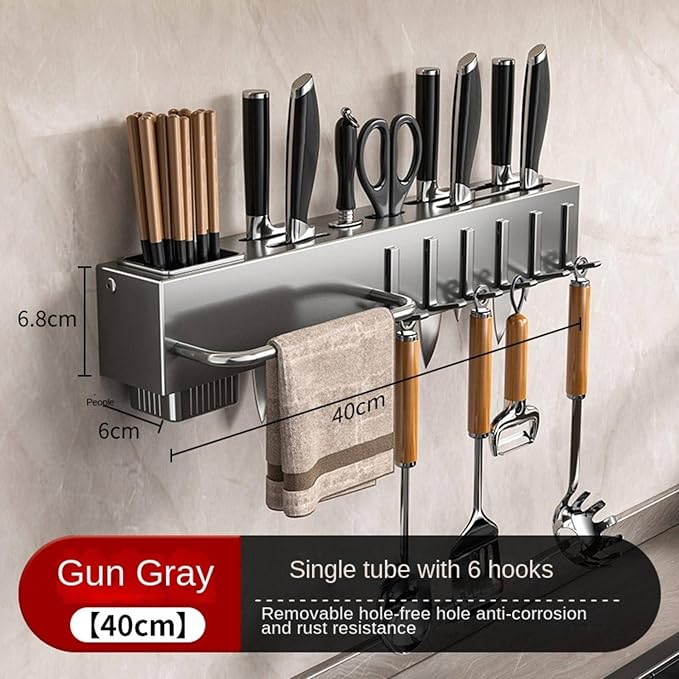 New Multi-Functional Kitchen Rack Home Wall-Mounted Knives Chopstick and Spoon Storage Rack Punch-Free cookware draining Rack, 40, Gray