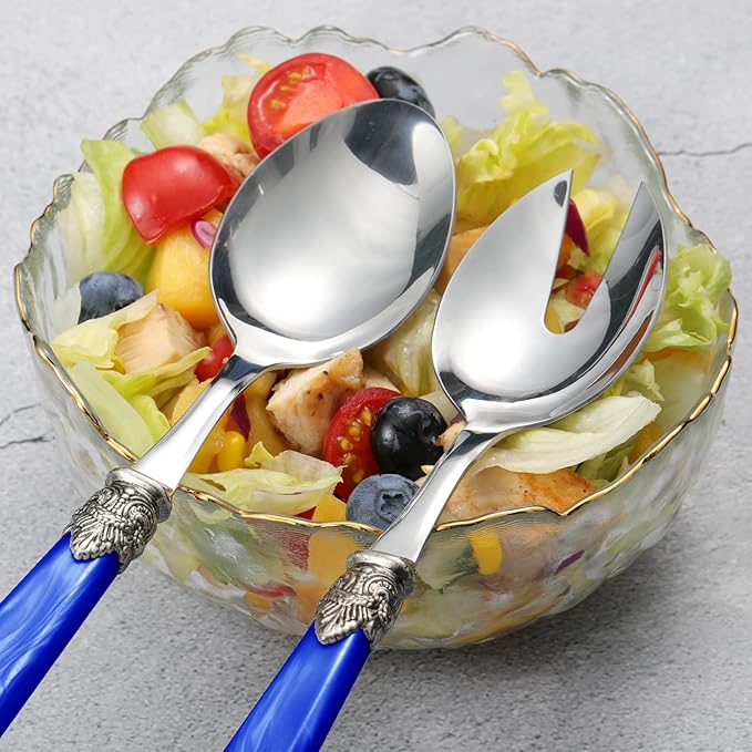 2-piece Salad Servers Stainless Steel Salad Serving Set Salad Fork and Spoon (Deep Blue)