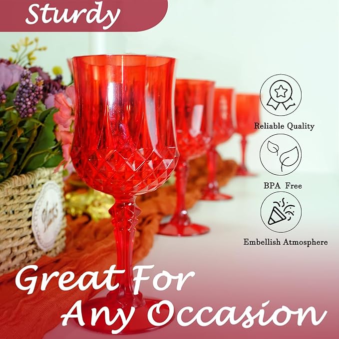 Plastic Wine Glasses, Plastic Goblets Vintage Style Cordial Unbreakable Drinking Glasses, Reusable Drinkware for Wedding Reception, Grand Event Party Supplies,Mother's Day (12, Red)