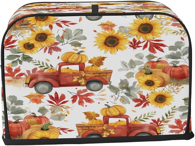 2 Slice Fall Toaster Cover,Thanksgiving Farm Truck Sunflower Small Kitchen Appliance Bread Machine Cover with Pockets,Dust & Fingerprint Protection