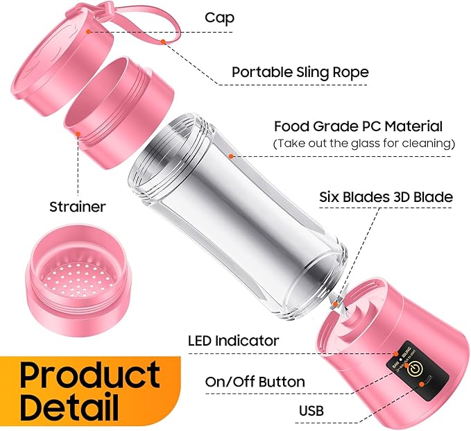 Portable Blender for Smoothies & Shakes - Cordless Personal Size Mini Blender with BAP Free Juice Cup, USB Rechargeable Suit for Sports/Picnic