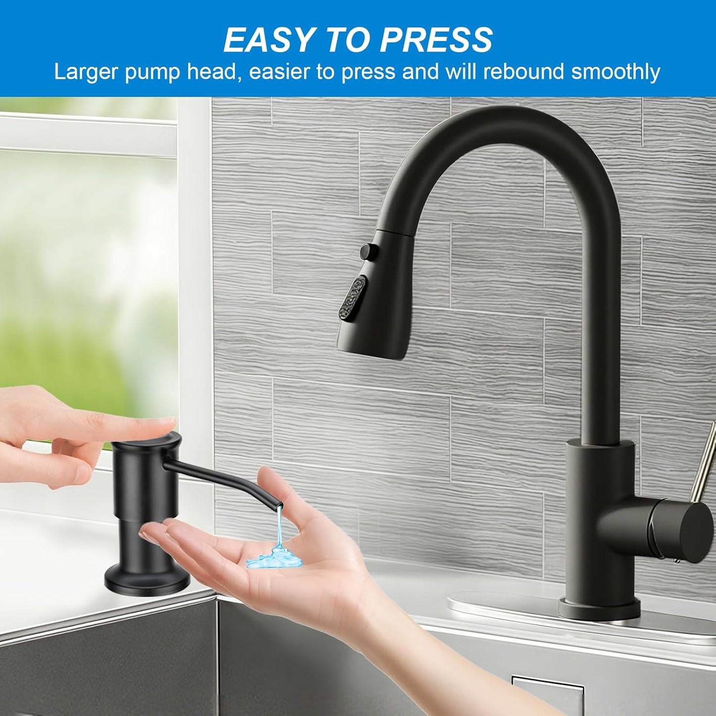 Soap Dispenser for Kitchen Sink, Upgrade Built in Sink Soap Dispenser, Countertop Sink Soap Dispenser Pump with 47" Extension Tube kit, No Need More Refills (Black)