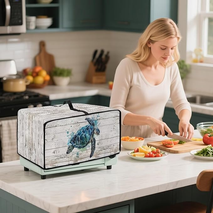 Air Fryer Toaster Oven Cover with Side Pockets, Protective Electrical Appliance Cover Kitchen Countertop Accessories and Decor, L, Watercolor Sea Turtle Wood Grain