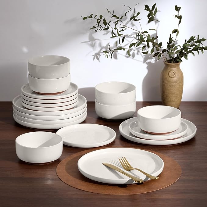 E-far 12-Piece Stoneware Dinnerware Sets, Plates and Bowls Sets for 4, Ceramic Dishware Dishes Set with Terracotta Base, Chip & Scratch Resistant, Microwave & Dishwasher Safe, Speckled White