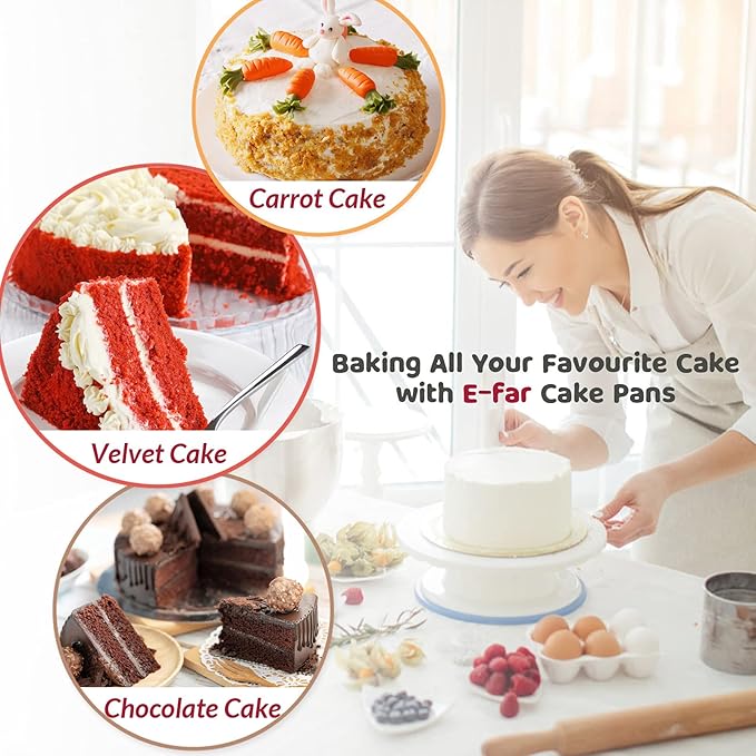 E-far 9½ Inch Cake Pan Set of 2, Stainless Steel Round Layer Cake Baking Pans with Parchment Rounds & Side Liner Roll, Non-Toxic & Healthy Metal Cakes Tin, Straight Side & Dishwasher Safe
