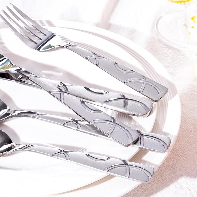 HIKAA 48PCS Stainless Steel Silverware Set with Steak Knives, Modern Flatware Set for Kitchen, Mirror Polished Cutlery Set with Forks, Spoons and Knives,Dishwasher Safe