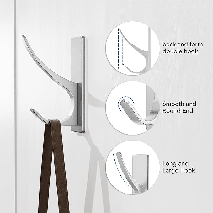 pickpiff Silver Self Adhesive Coat Hooks for Hanging: 13LB Extra Strong Stainless Wall Hook for Towel, Utensil, Backpack, Hat, Sturdy Metal Hanger for Bathroom, Kitchen, Door, 4-Pack