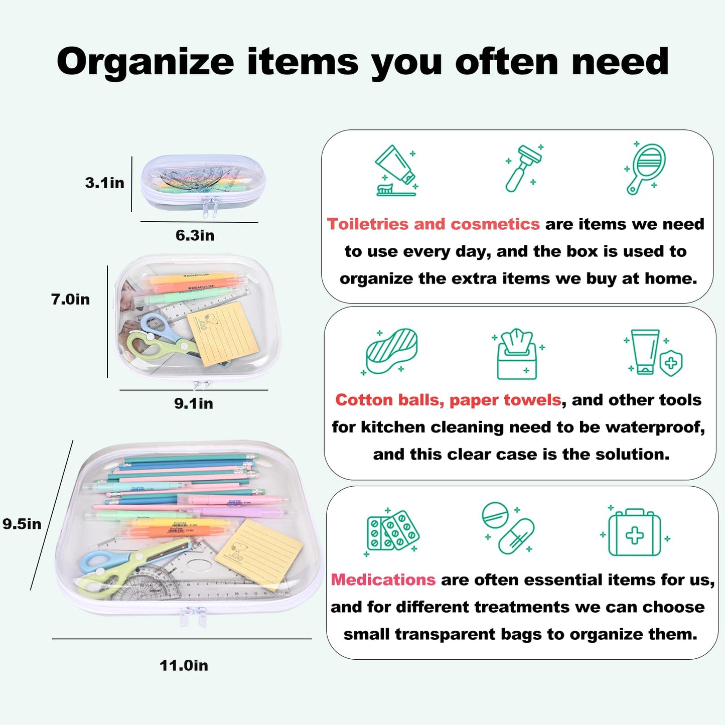 Clear Hard Shell Zipper Case,3PCS Transparent Clear Zipper Pouches,Hard Side Plastic Case Set,Portable Travel Storage Organizer Bins