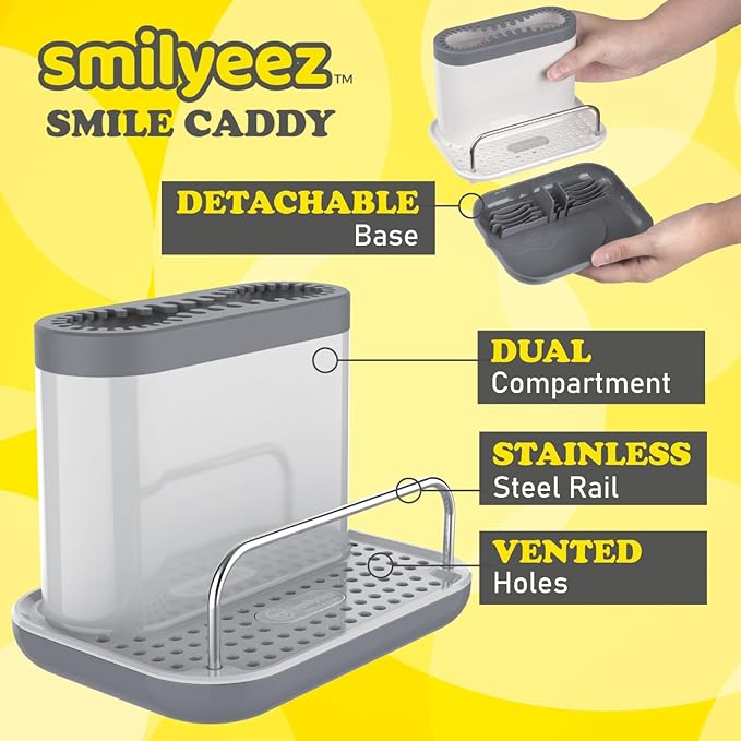 The Original Smiling Handle with Soap Dispensing for Scrub Daddy (Reg. TM) Sponge and Scrub Moji Sponges with Smilyeez Caddy, Dishwand, & 2 Scrub Mojis (White & Grey)