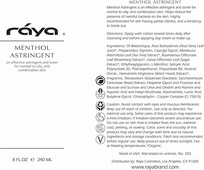 RAYA Menthol Astringent 8 oz (203) | Effective Facial Toner for Combination and Partially Oily Skin Prone to Break-Outs | Helps Refine, Tighten, and Protect pH Balance | Cools, Refreshes and Soothes