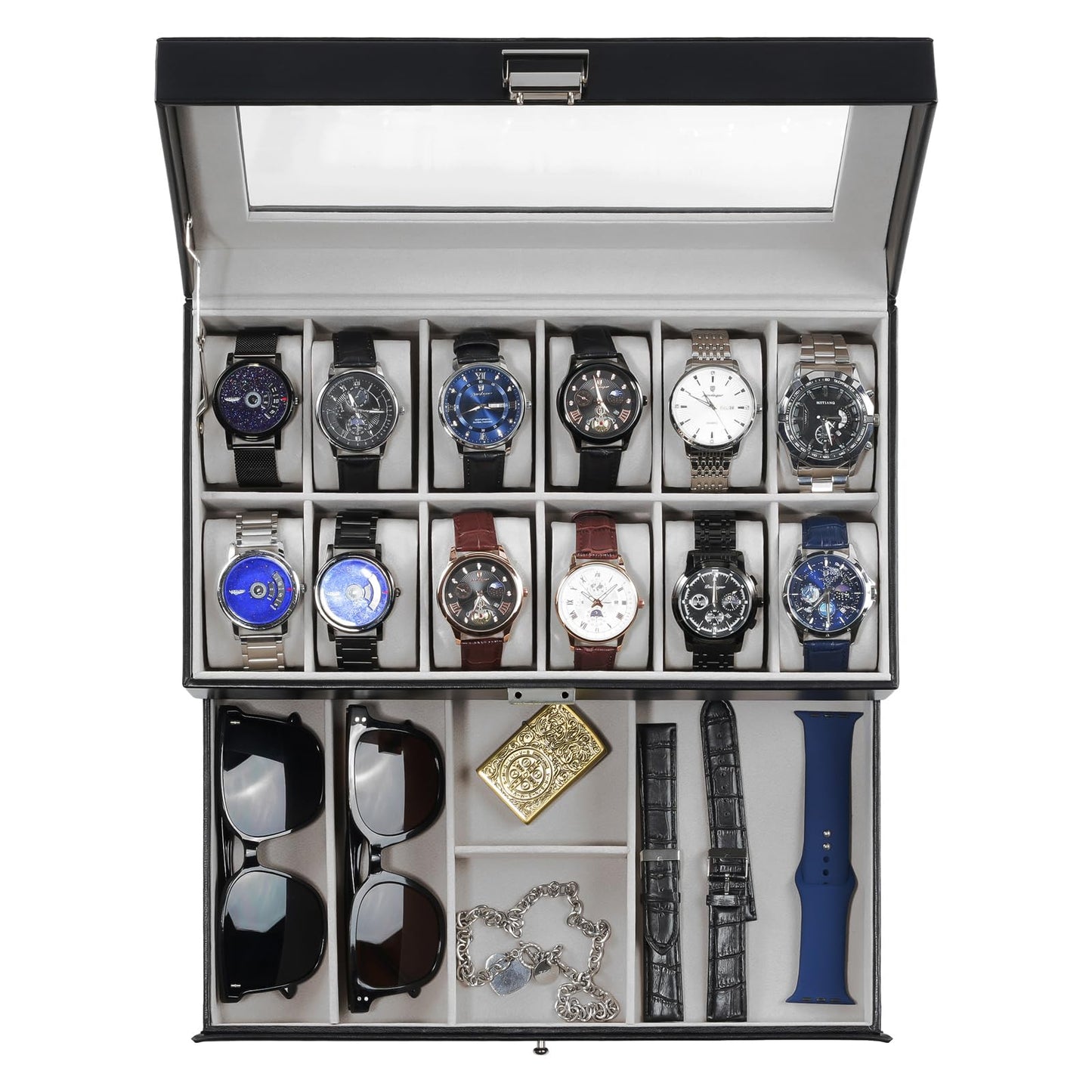 ProCase Watch Box for Men, 12 Slot Mens Watch Case With Drawer, Watch Display Case With Glass Lid, 2-Layer Watch Holder Organizer, Jewelry and Watch Storage for Men Women -12Slot, Black