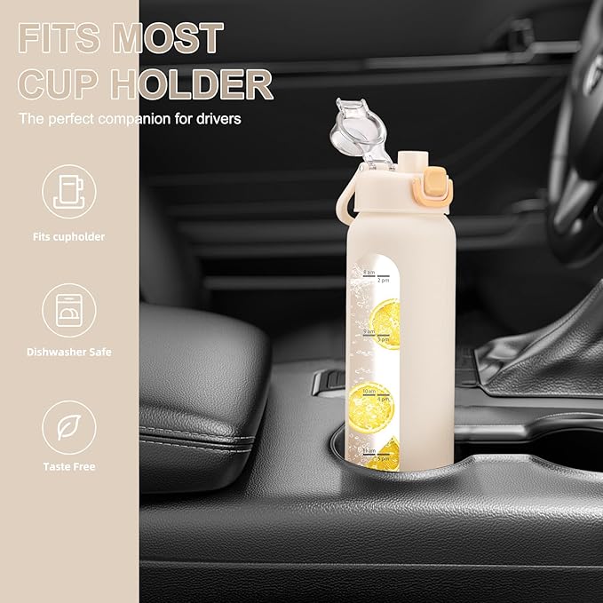 chunmo 32 oz Glass Water Bottles with 2 Lids-Handle Spout Lid & Straw Lid, 1 Liter Motivational Borosilicate Water Bottle with Time Marker and Silicone Sleeve,Leakproof-White-1 Pack