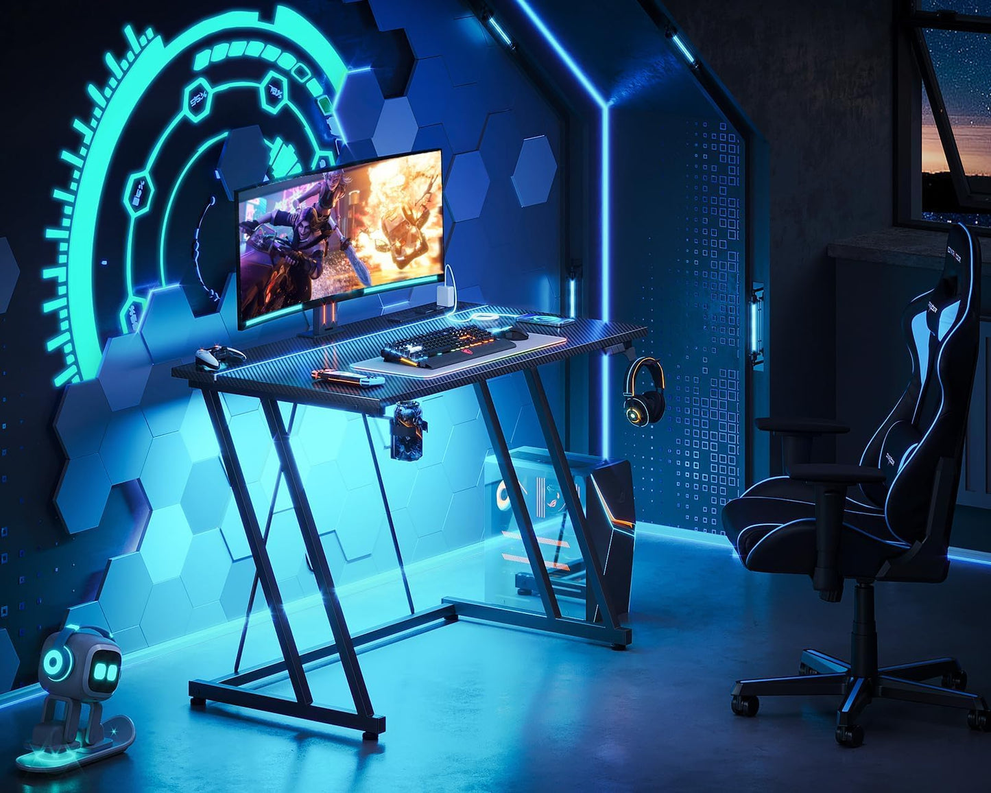 MOTPK 32 Inch Small Gaming Desk with LED Lights & Power Outlet, Computer Desk for Small Space, Gaming Table with Carbon Fiber Texture, Kids Desk Gift for Boys Men, Black
