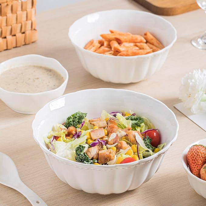 Pasta and Salad Bowls,8.5 Inch Serving and Soup Bowl Set, Microwave and Dishwasher Safe, Set of 2, White, Kitchen Plates and Bowls Set