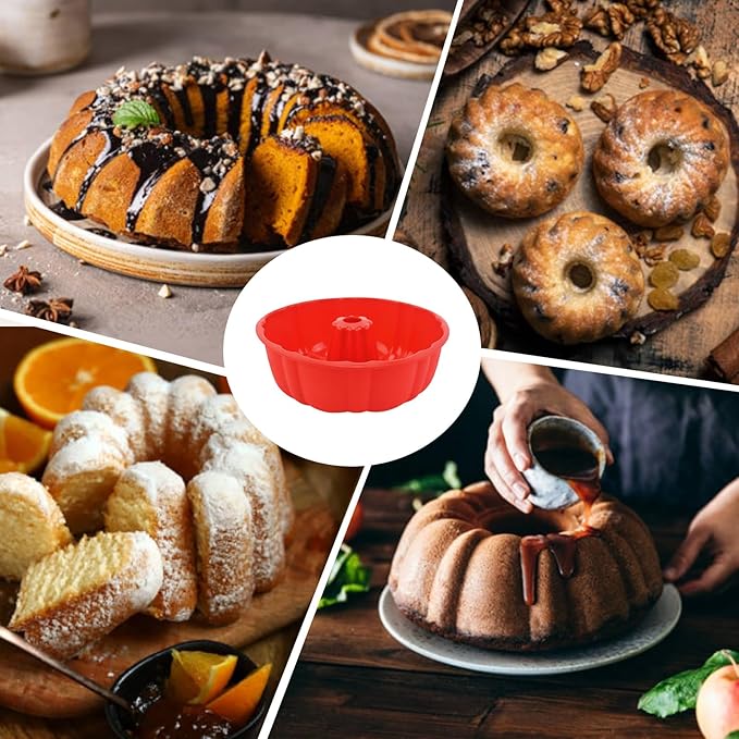 PADELE 2 Pack Silicone Cake Pan Nonstick,10 Inch, Silicone Cake Molds,Pound Cake Pan, Baking for Jello,Gelatin,Cake,Brownie and Bread (Red+Grey)