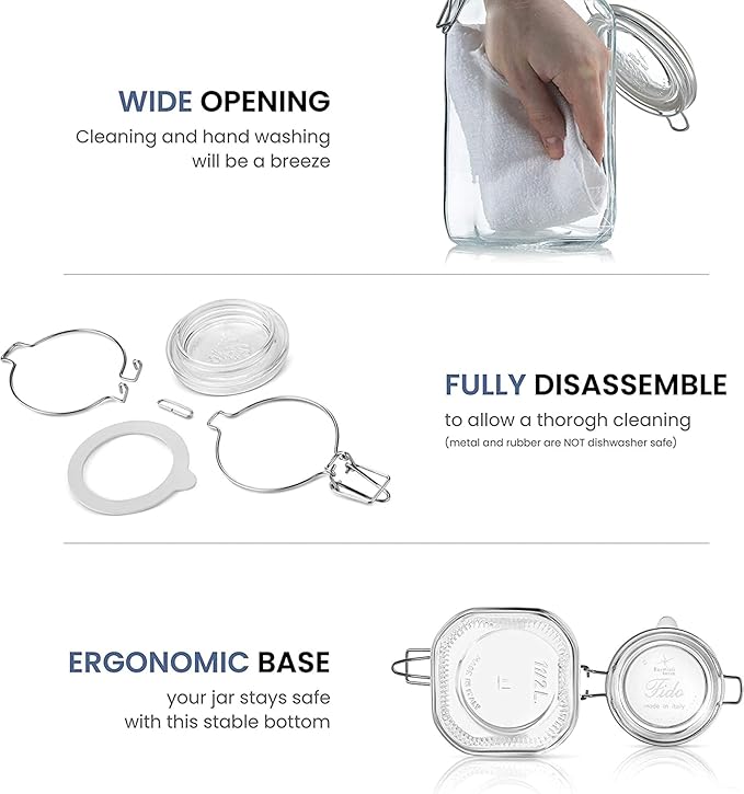 Bormioli Rocco Fido Collection, 2 Pack, 33¾ Oz. Food Storage Glass Jars, Airtight Rubber Seal & Glass Lid, With Stainless Wire Clamp, Made In Italy.
