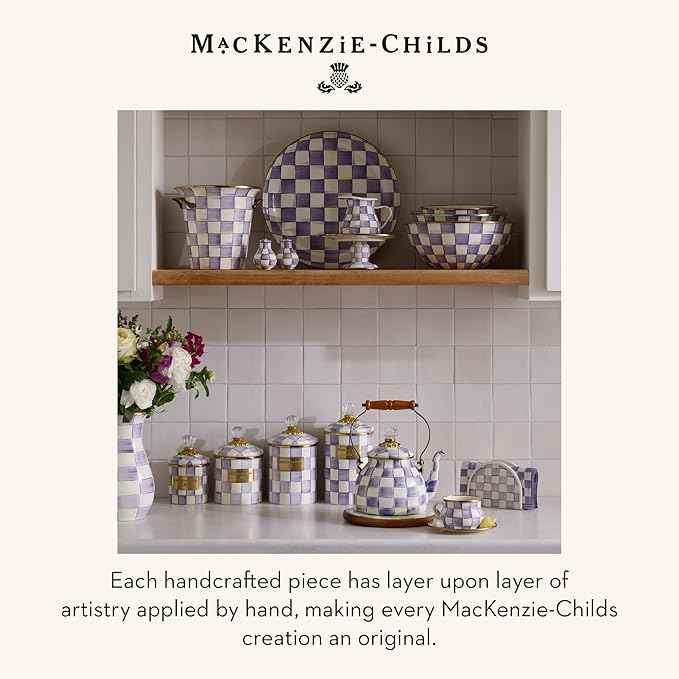 MACKENZIE-CHILDS Enamel Compote, Pedestal Serving Dish or Decorative Bowl, Small, Purple-and-White Violet Check