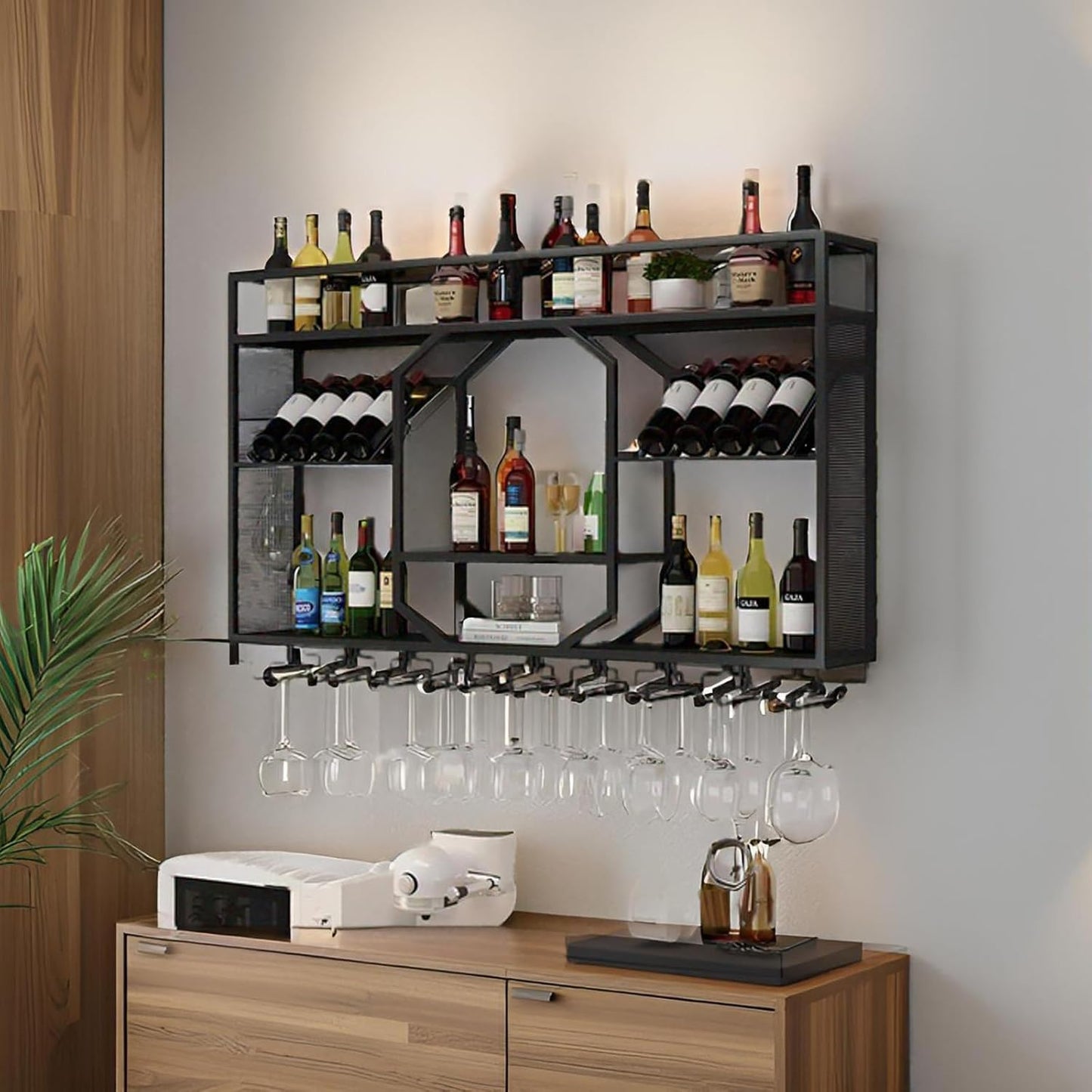 Wall Mounted Wine Rack, 3-Tiers Metal Bar Bottle Holder, Modern Wine Glass Storage Display Shelves, Wall Wine Rack for Kitchen Bar Dining Rooms Decoration (Black, 63in/160cm)