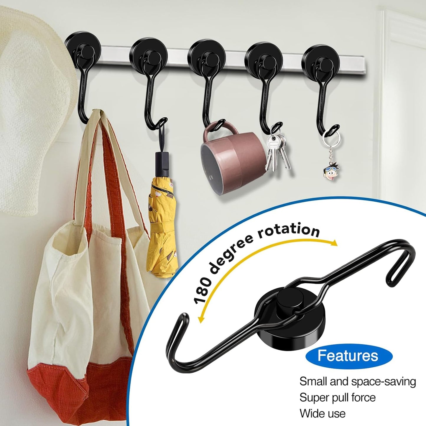 LOVIMAG Hooks, 40lbs+ Magnetic Magnet Hook 2025 Cruise Cabin Ship Essentials Heavy Duty Strong Refrigerator Fridge Hanging for Classroom Beach Vacation Kitchen Grills Home Mug Hanger (6 Pack), Black
