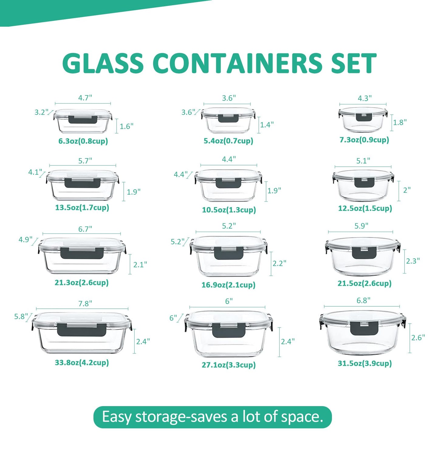 KOMUEE 24 Pieces Glass Food Storage Containers Set,Glass Meal Prep Containers-Stackable Airtight Glass Storage Containers with lids,Freezer, Microwave, Oven Safe,Gray