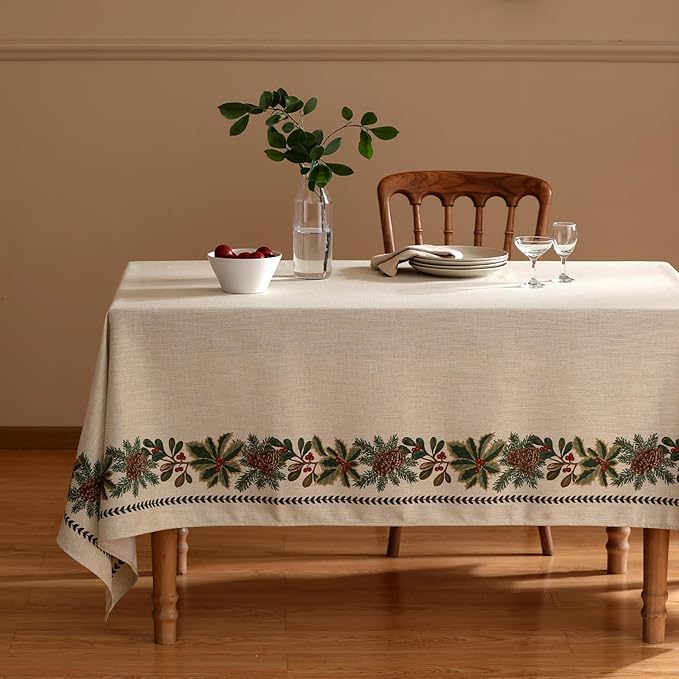 ISAENNE Designer Christmas Linen Extra Long Rectangle Tablecloth,Light Beige Western Table Cloth,Wrinkle Resistant Decor Tablecloths for Dining Thanksgiving Kitchen Christmas,63"*110"-Carol G