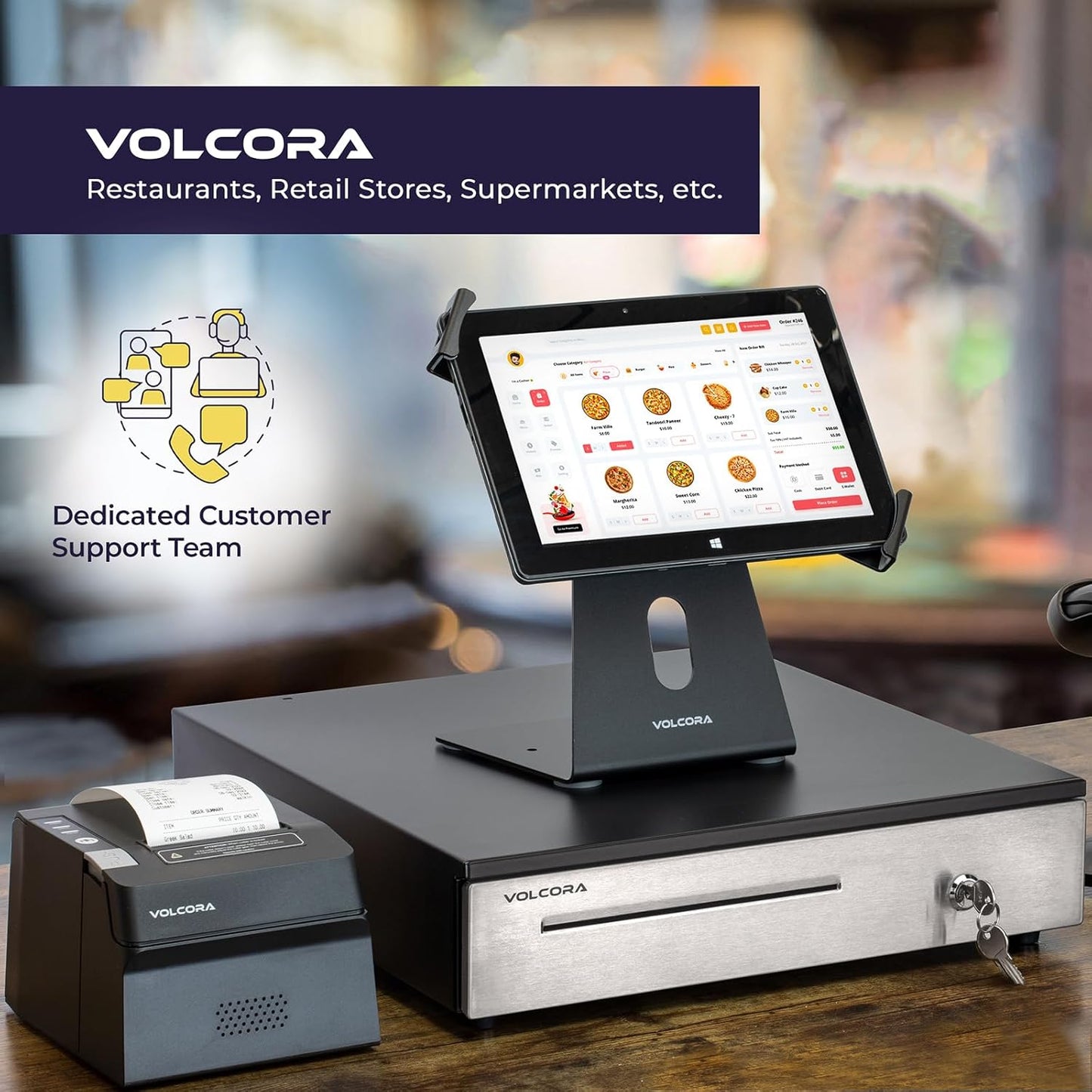 Volcora Cash Register Drawer for (POS) Point of Sale System 16", Stainless Steel Removable Coin Tray, 5 Bill/6 Coin, 24V, RJ11/RJ12 Key-Lock, Media Slot,Cash Till, Money Drawer for Businesses, Black
