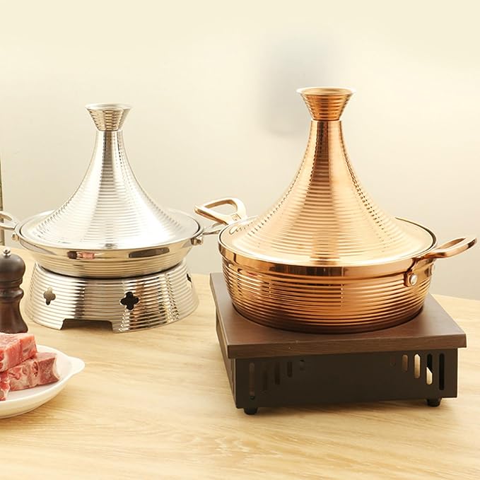 Moroccan Tagine Cooking Pot,Stainless Steel Non Stick Moroccan Casserole with 2 Handles,Large Moroccan Cooker Handmade Tagine Pot with Cone-Shaped Lid(23cm, Rose Gold)