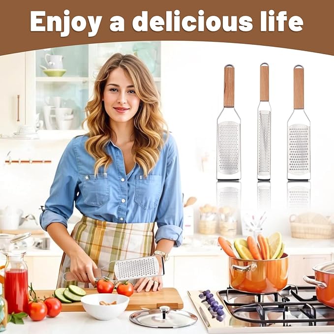 SHIKORI Professional Cheese Graters for Kitchen Stainless Steel Handheld, Metal Lemon Zester Grater With Wood Handle For Cheese, Chocolate, Spices, Kitchen Gadgets And Tools-Square Hole