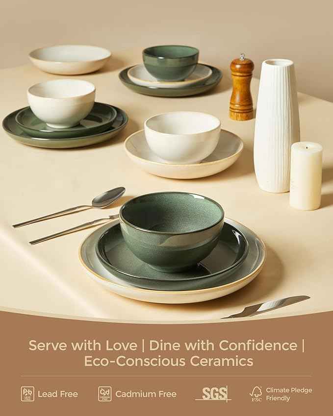16 Piece Double Bowl Dinnerware Sets with Pasta Bowls, Highly Chip and Crack Resistant Plates and Bowls Sets, Natural Earthyware Ceramic Dishware Sets, Service for 4 Yellow White