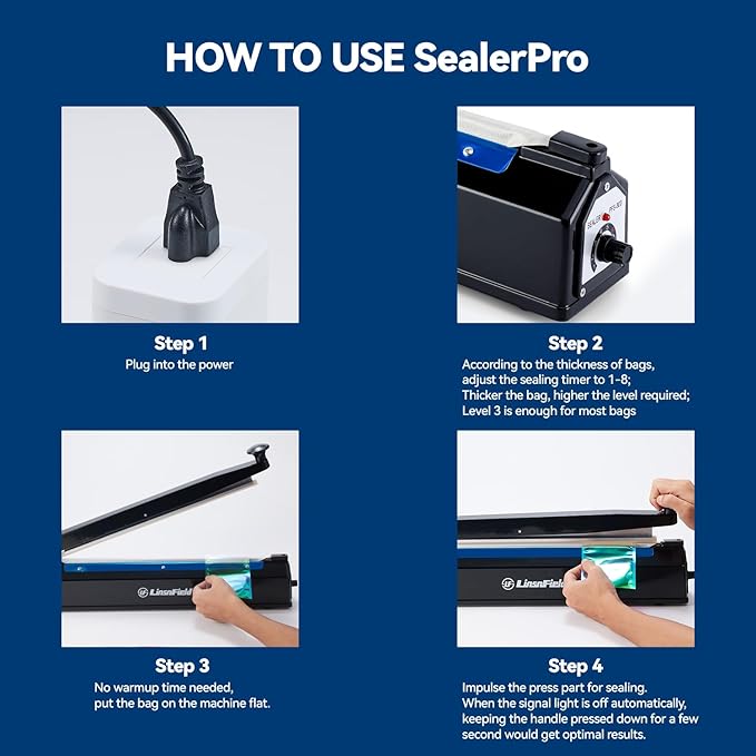 Sealer Pro, Patented 12inch Impulse Heat Bag Sealer, 7mm Sealing Width Poly Bag Seal Machine, 2 Replacement Kits 2 Fuses Included, Blue