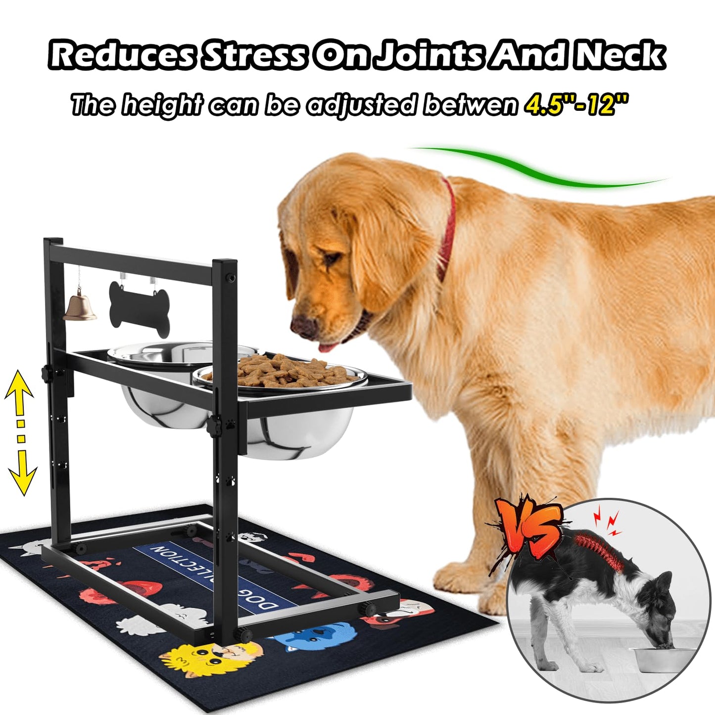 SHAINFUN Elevated Dog Feeder - Raised Bowls Stand with Spill Proof Mat, Adjustable Height, Slow Feeder, Stainless Steel, for Large & Medium Dogs