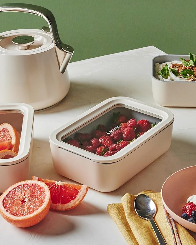Caraway 6pc Glass Food Storage Set – 6.6 Cup Food Containers (6) - Ceramic Coated - Non Toxic, Non Stick with Lids - Microwave Safe - Cream