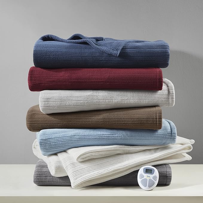 Serta Travis Fleece Ultra Soft Tri-Rib Textured Electric Blanket, Cozy and Snuggly Cover Fast Heating for Cold Weather, Auto Shut Off, Multi Heat Setting Controller, Full, Berry Red